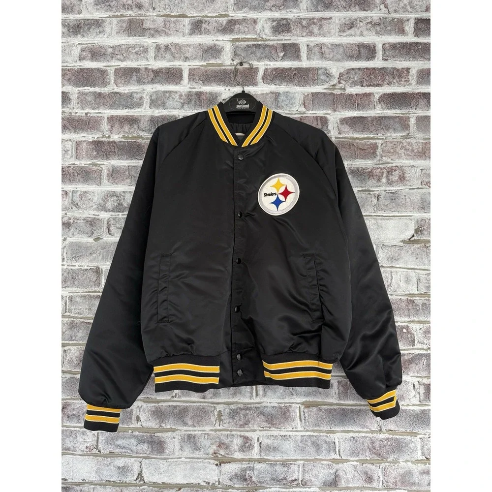 Vtg Pittsburgh Steelers Spell Out Men Large Satin Jacket Chalk Line Embroidered - Picture 7 of 16